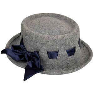 Casselini Gray Wool Felt Navy Blue Ribbon Pork Pie Hat Women’s NWT